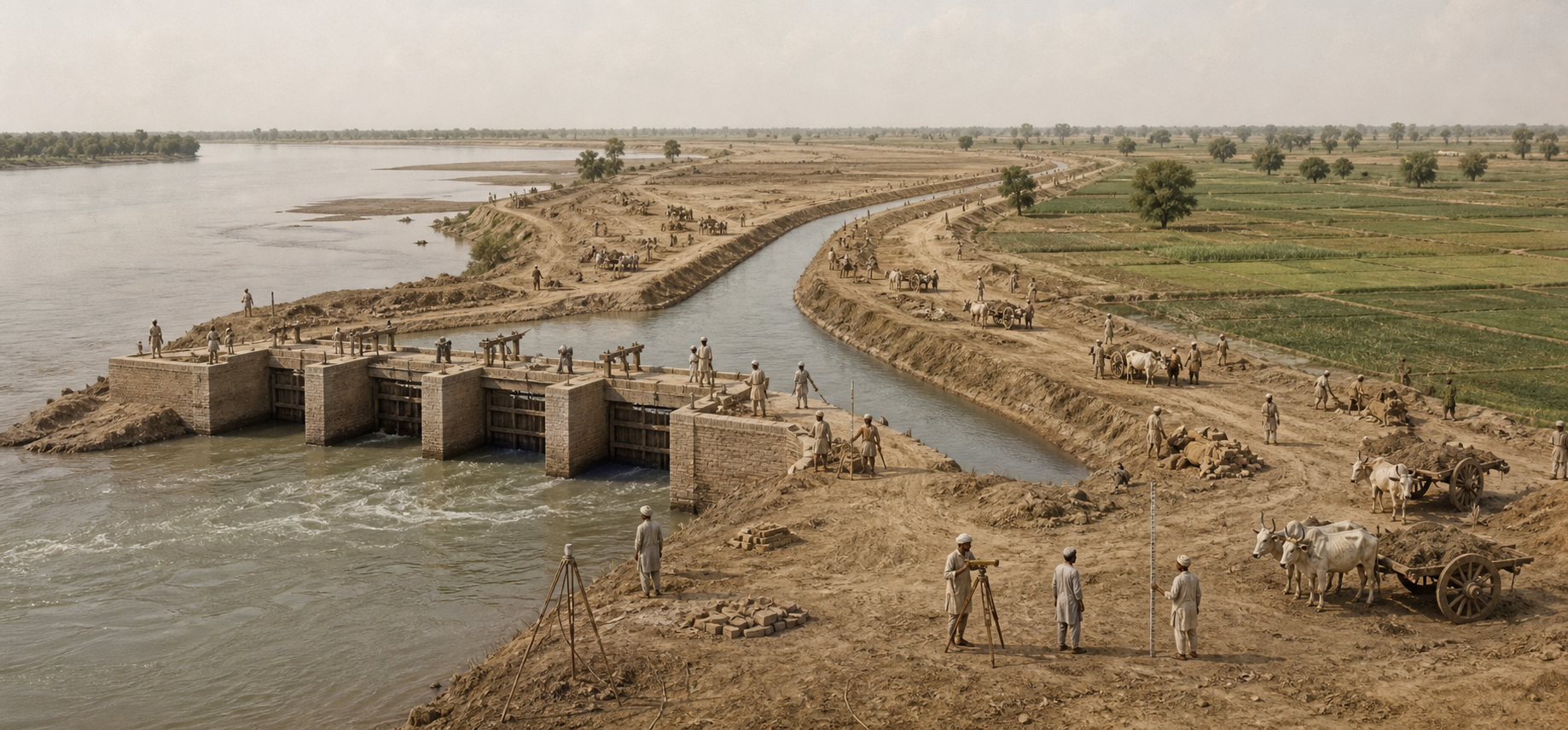 A historical canal headworks under construction, with workers, earthworks, and irrigated fields spreading across the Punjab plain.