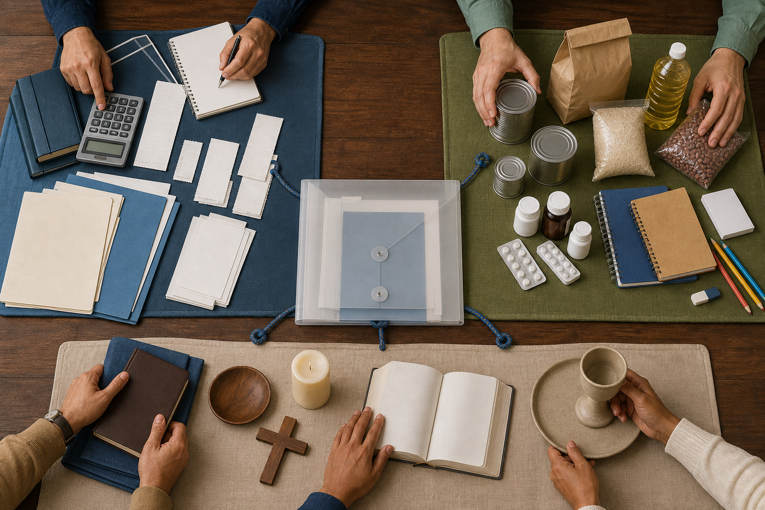 Administrators sort blank financial records, relief supplies and worship objects into separate areas on a meeting table.