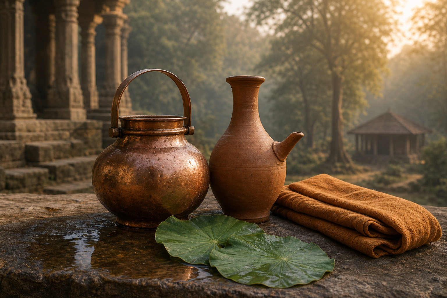 A rounded handled water pot and a slender-necked pouring vessel rest together on a stone platform with ochre cloth and lotus leaves.