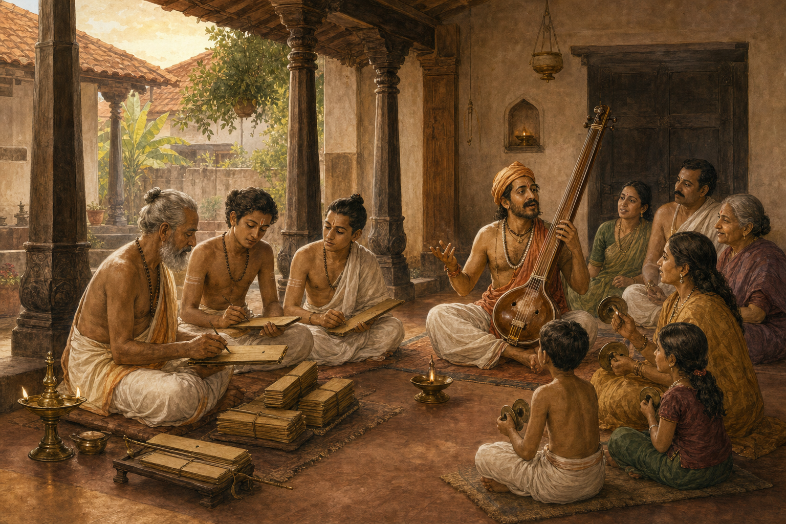 A scholar teaches from palm-leaf manuscripts beside a devotional singer leading householders and children in song on the same veranda.