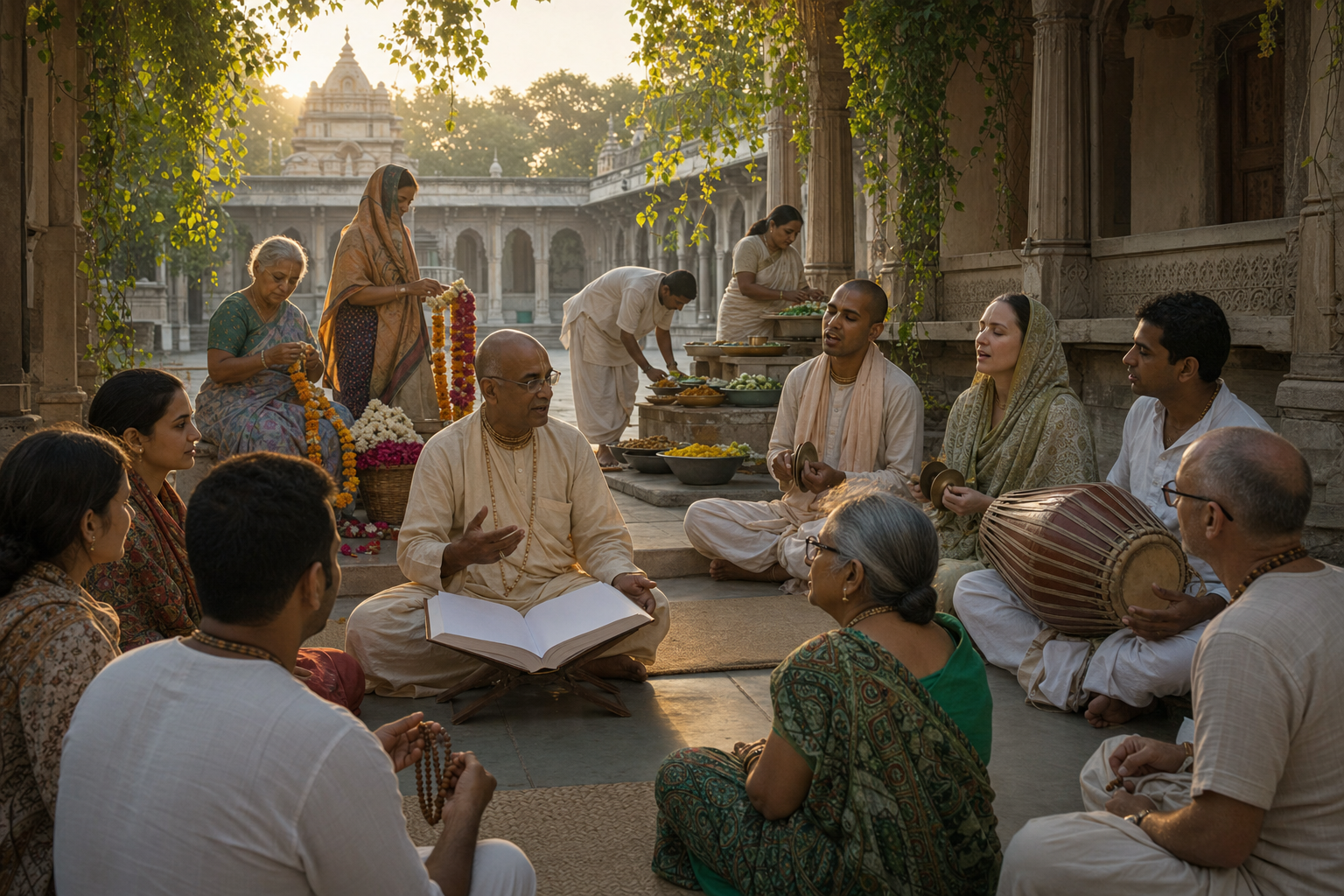 Gaudiya Vaishnava devotees study, chant with beads and instruments, and prepare flowers and food together in a temple courtyard.