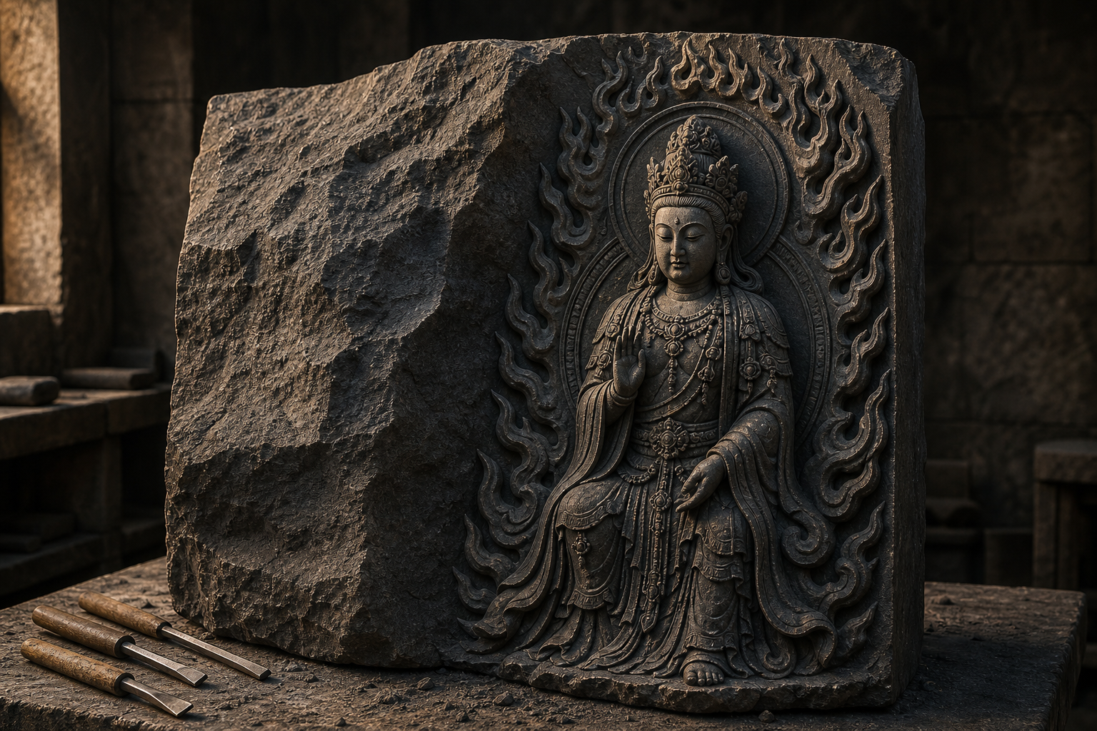 Partly finished stone relief of a flame-garlanded goddess, with rough stone on one side and illuminated carved details on the other.