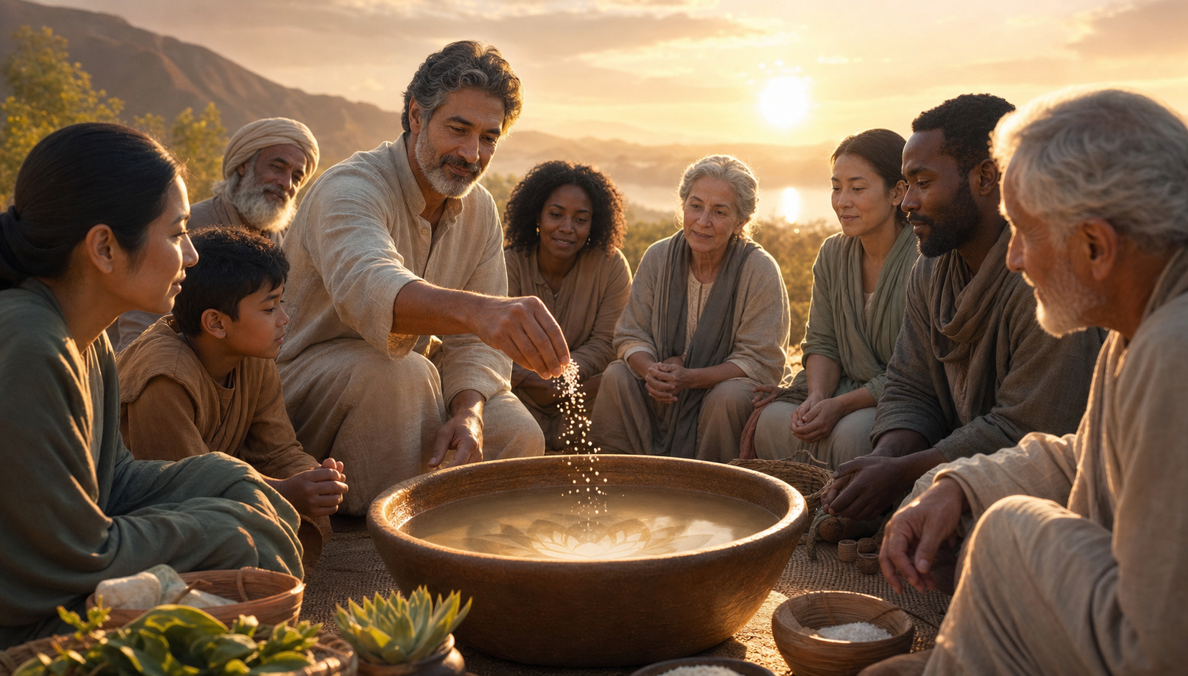 A community leader sprinkles salt into a shared earthen bowl as a diverse, multigenerational group gathers at sunrise.