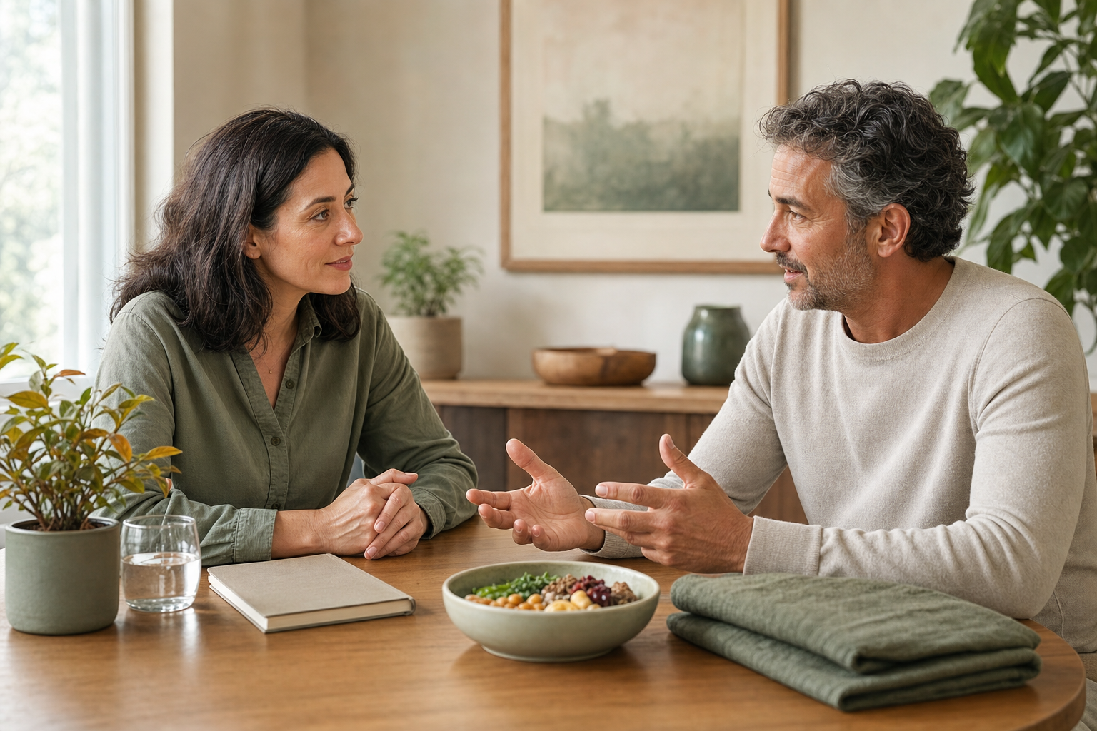 A practitioner and client speak at eye level in a bright room with an unmarked notebook, water, food, folded cloth, and a small plant nearby.