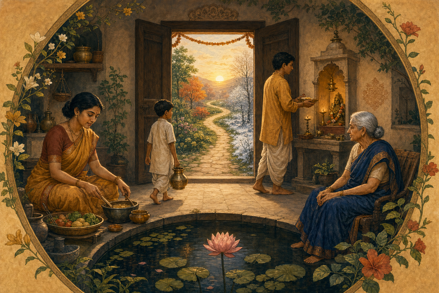 A multigenerational family performs daily household duties in an Indian courtyard as a winding path leads through changing seasons toward a bright horizon.