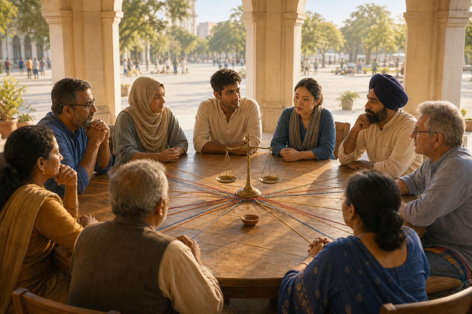 A diverse group sits around a circular table in a civic hall with a brass balance scale, a clay lamp, and interwoven threads at the center.