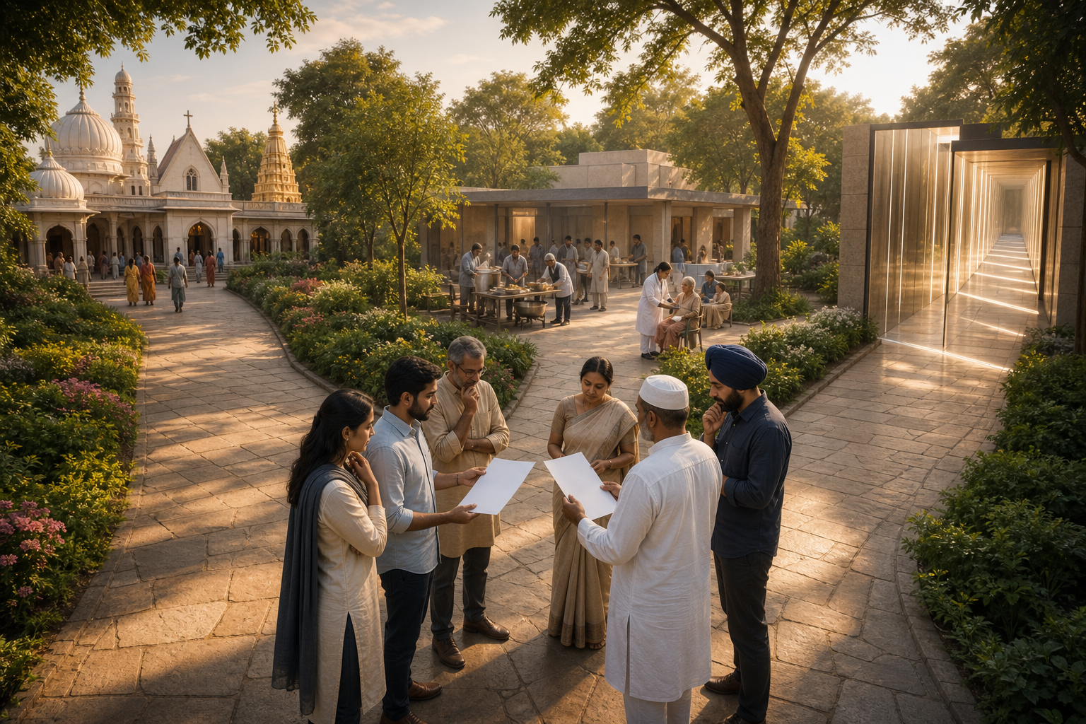Adults holding blank documents stand at a three-way path leading toward worship, charitable services and a translucent checkpoint.