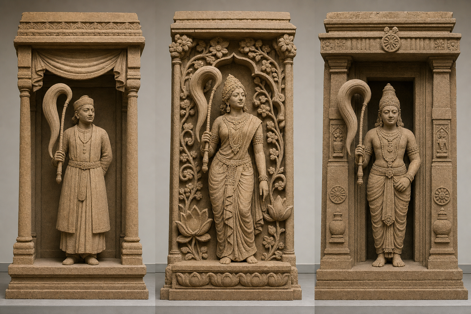 Three stone-style cauri-bearing figures in separate architectural bays: a court attendant, a vegetation-associated Yakshini, and a sacred threshold attendant.