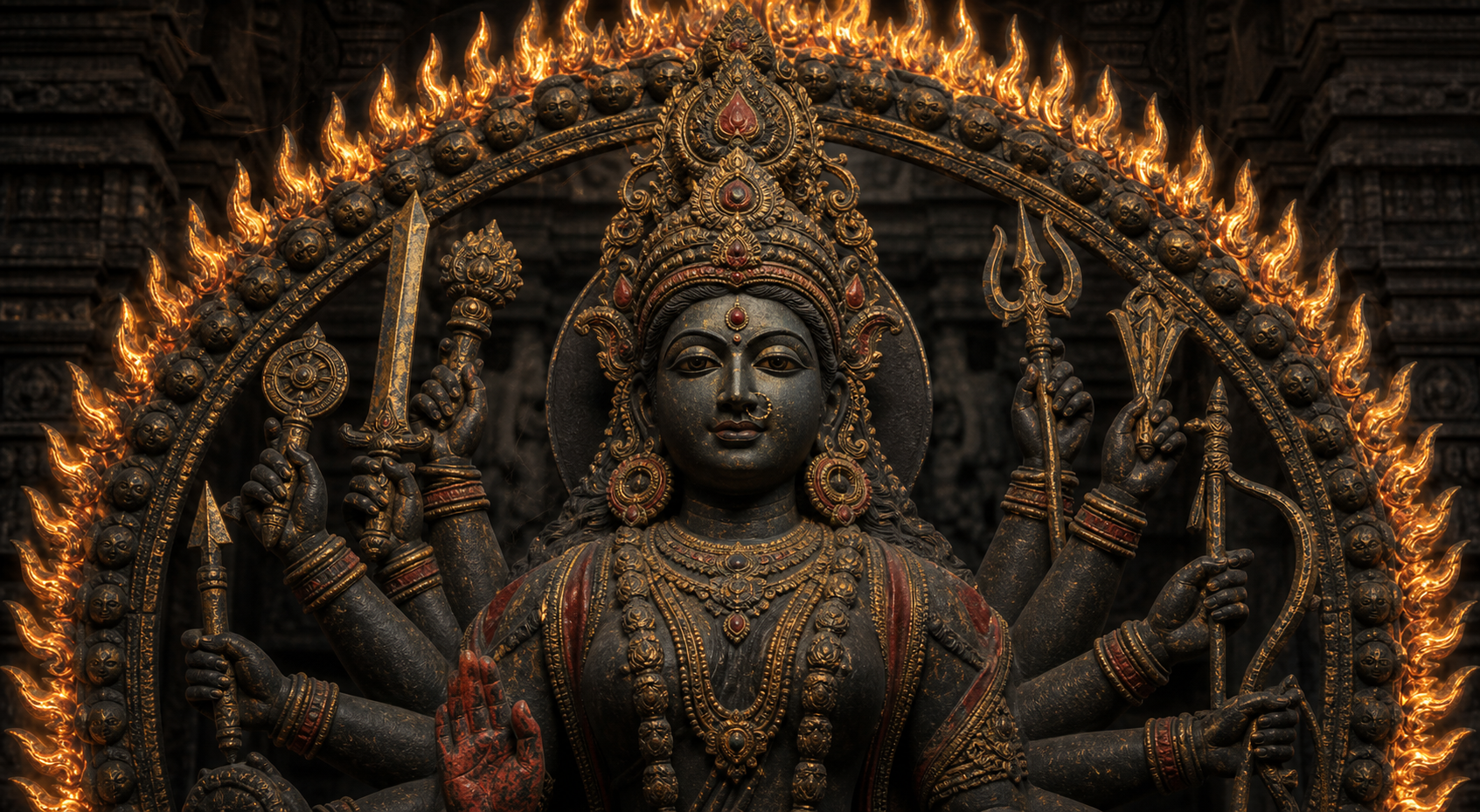 Close portrait of Jwalamalini Devi with a composed expression, multiple ritual implements and an outward-curving halo of flames.