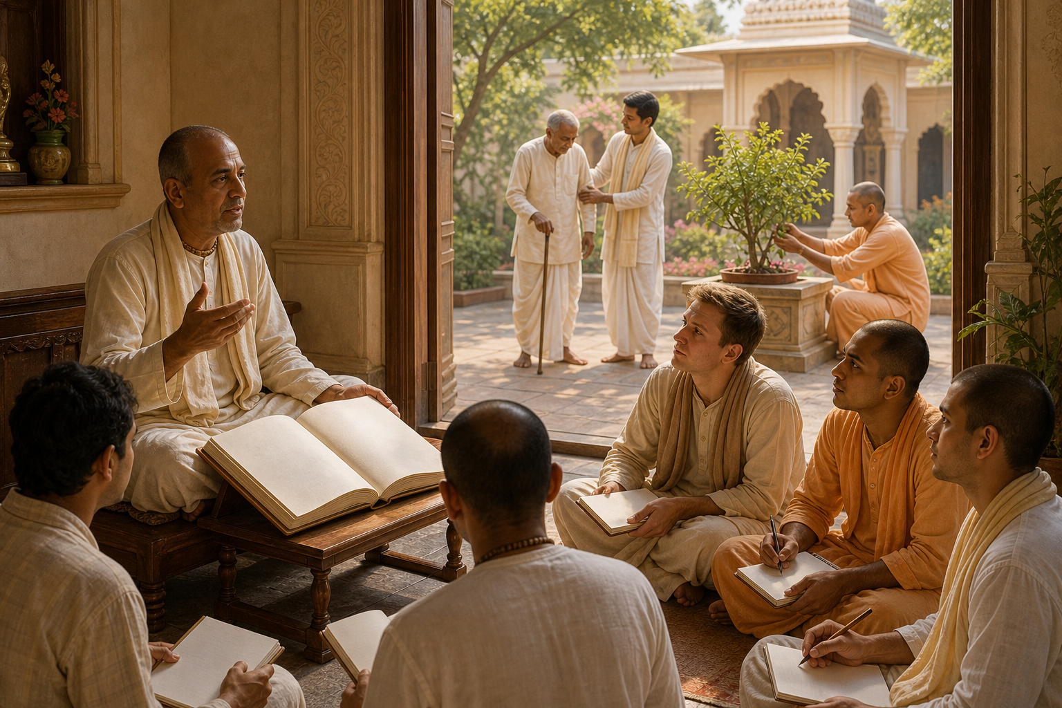 A teacher and adult students discuss open scriptures while seated together in a quiet temple study room.