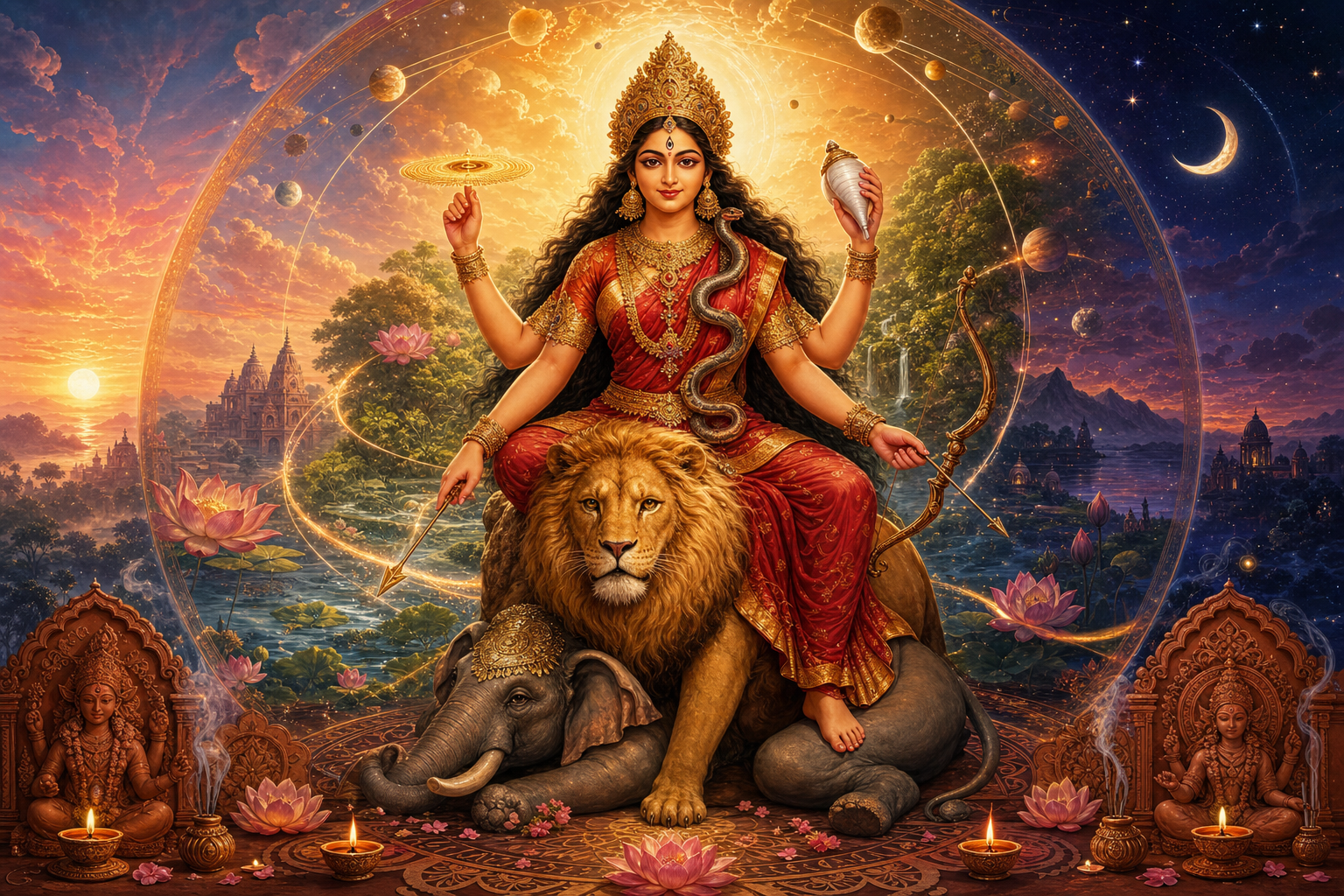 Digital illustration of Goddess Jagaddhatri holding a discus, conch, bow and arrow, seated above a lion and calm elephant within a cosmic mandala transitioning from dawn to starlit dusk.