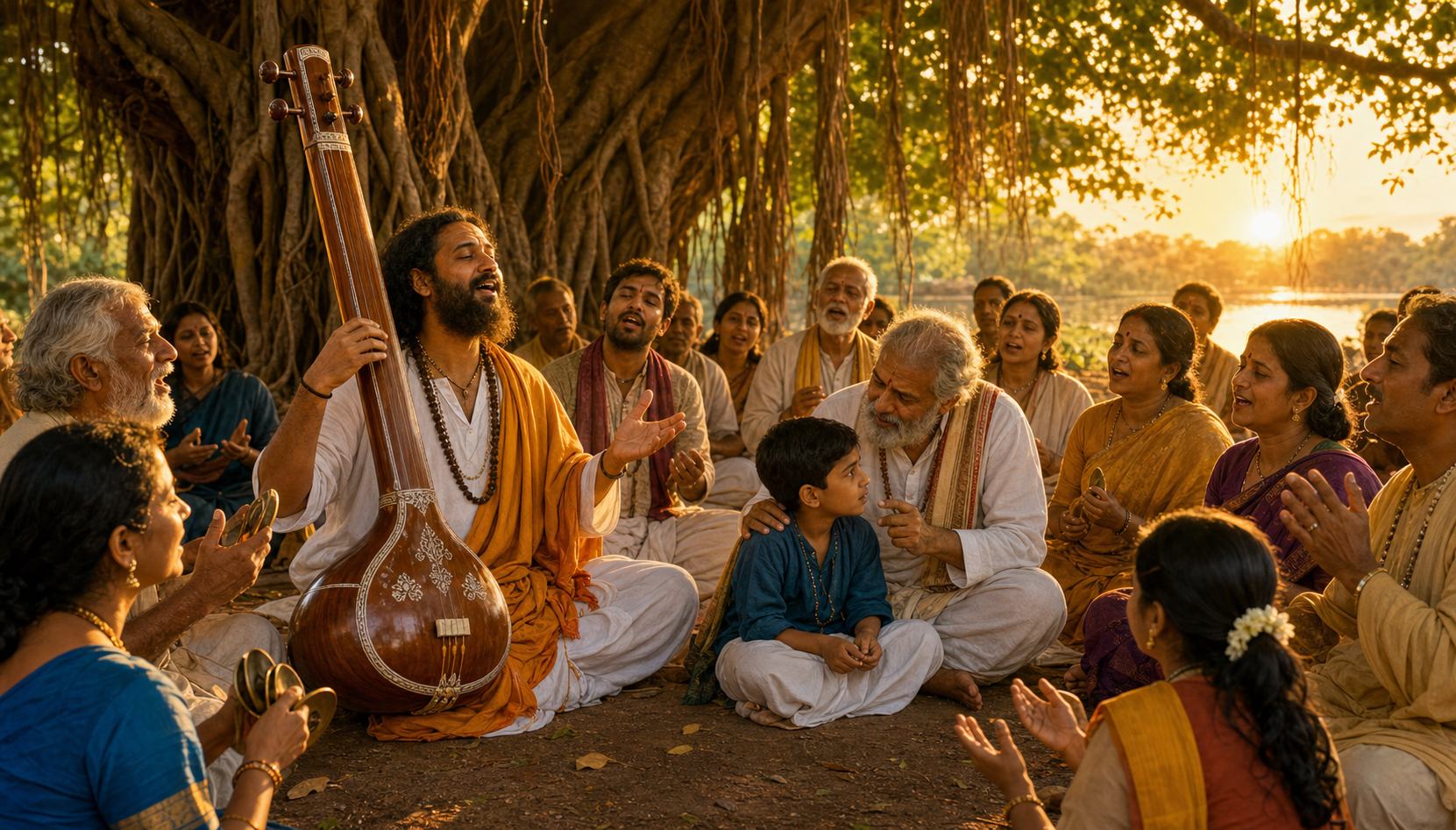 A seated devotional musician leads adults and children in a repeated song beneath a banyan tree as listeners keep rhythm with hand cymbals.