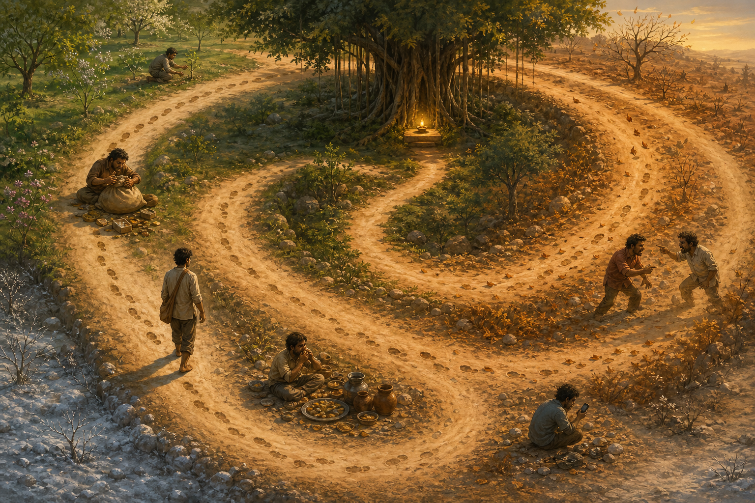 Members of a household serve a guest, measure grain, carry water, and care for an elderly relative while branching shadows cross the courtyard.