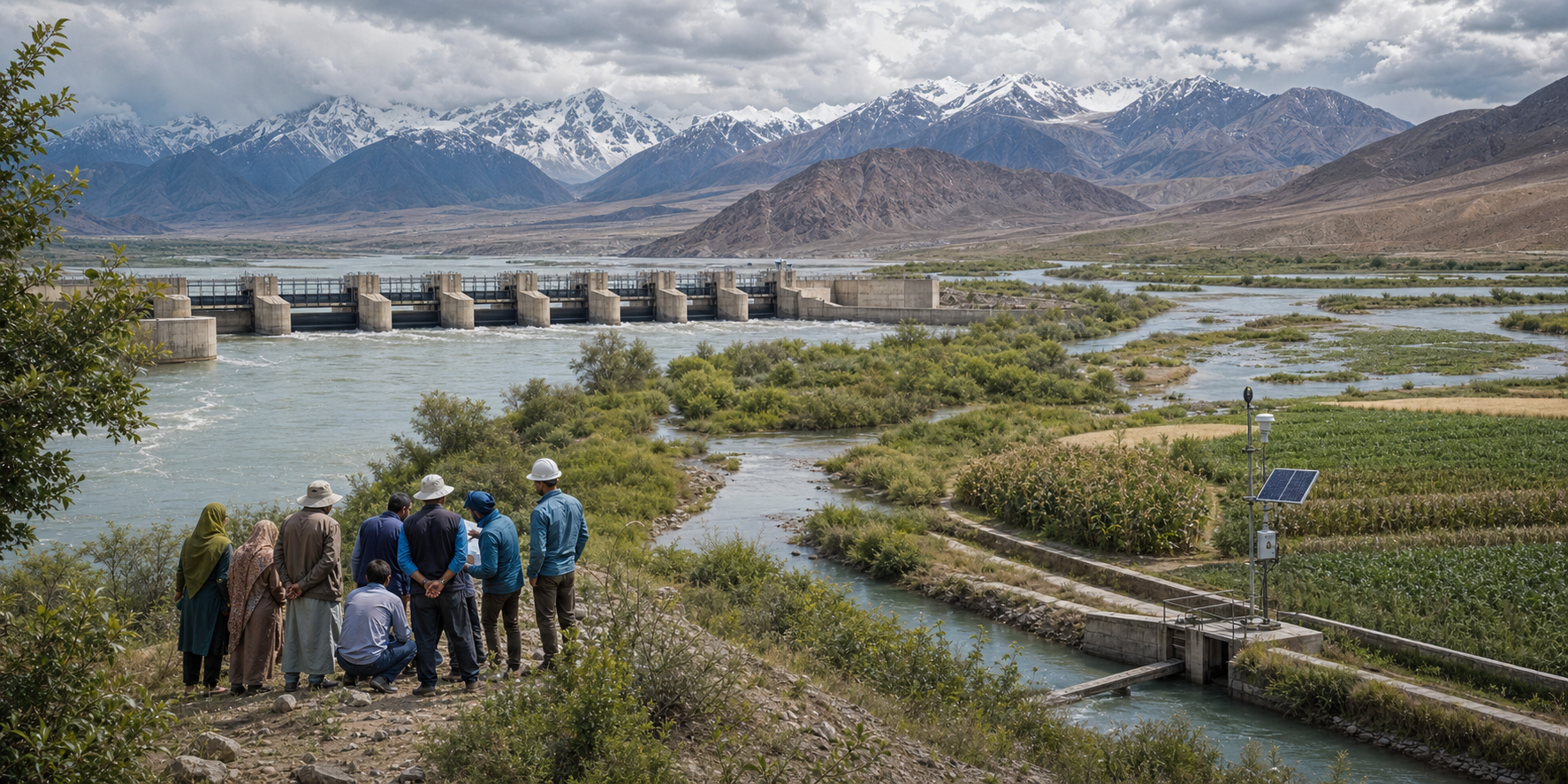 Engineers and farmers beside a modern Indus barrage, with restored wetlands, irrigated fields, monitoring equipment, mountains, and storm clouds.