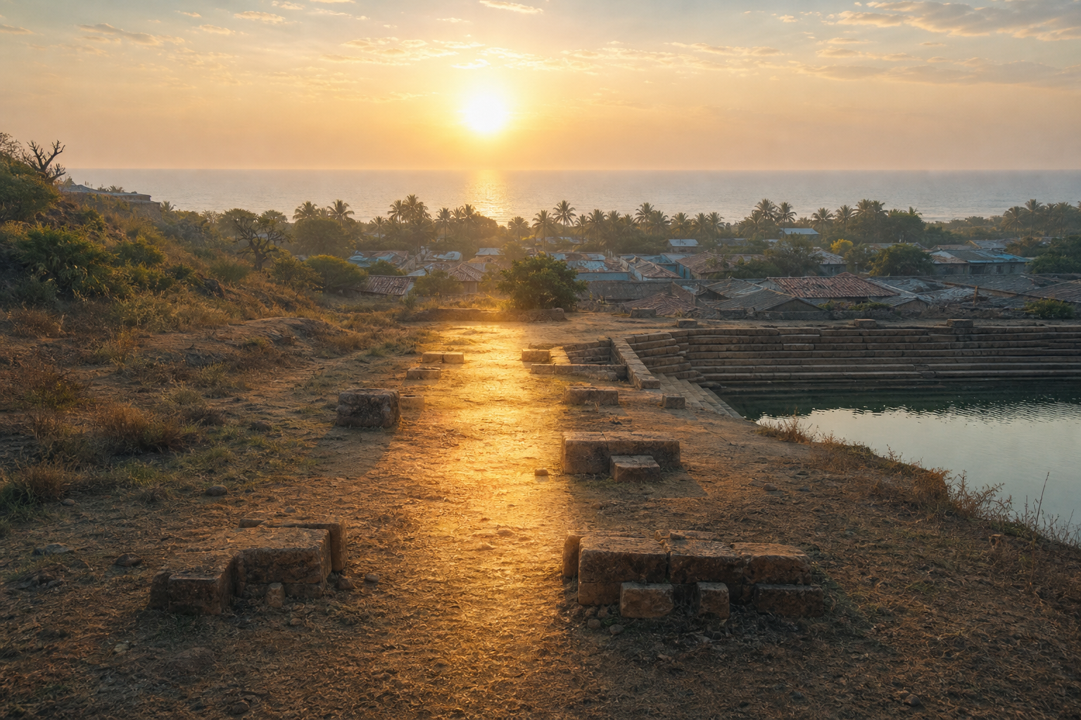 Weathered foundation stones beside a stepped water body in a coastal Saurashtra village at sunrise.