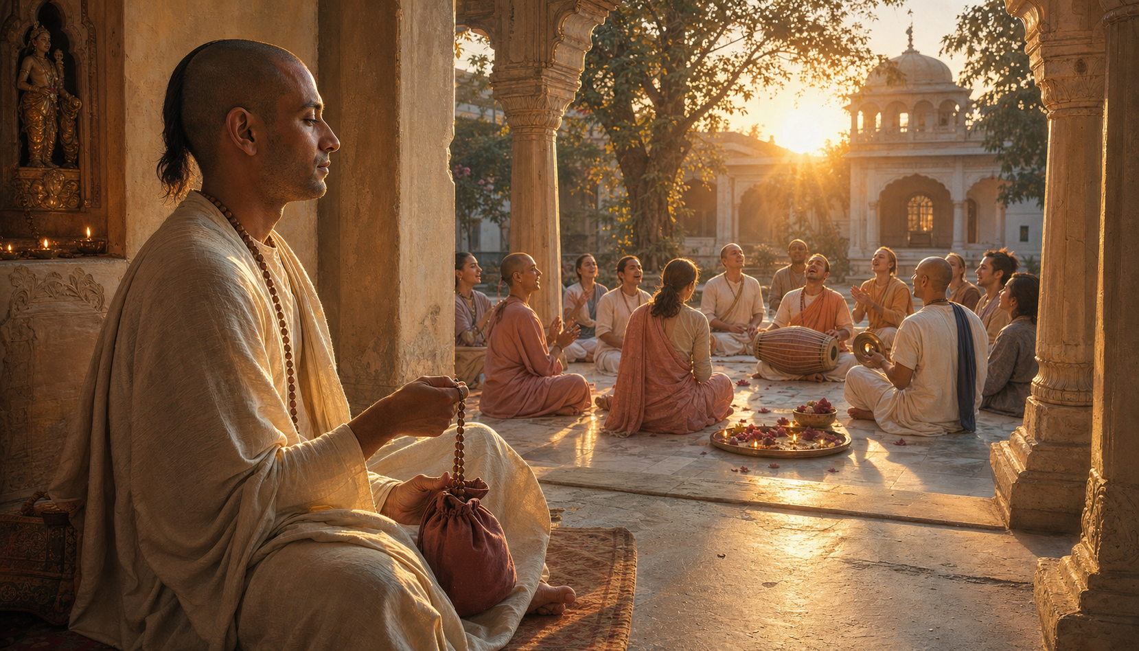 One devotee practices quiet japa beneath a tree while a group performs kirtan with cymbals and a clay drum nearby.
