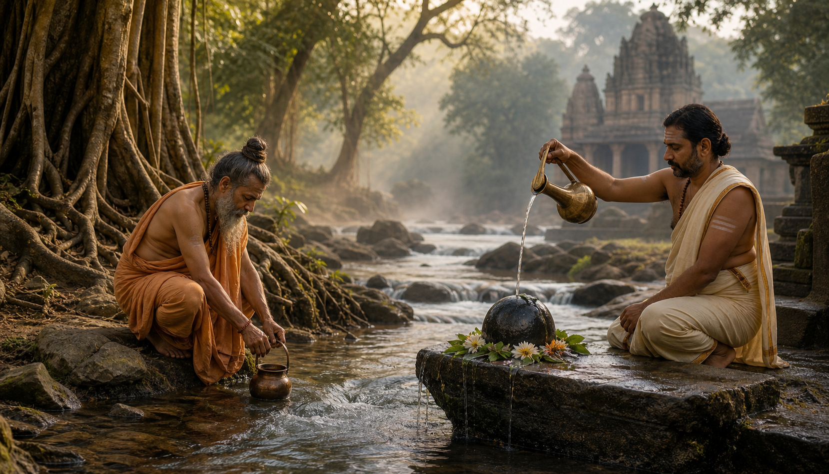 Connected scenes show a traveler filling a vessel, a courtyard water-pouring rite, and monastic practitioners tending vessels in an open cloister.