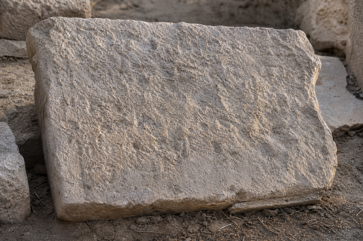 Researchers carefully examine a chipped medieval stone slab under angled light in a conservation workspace.