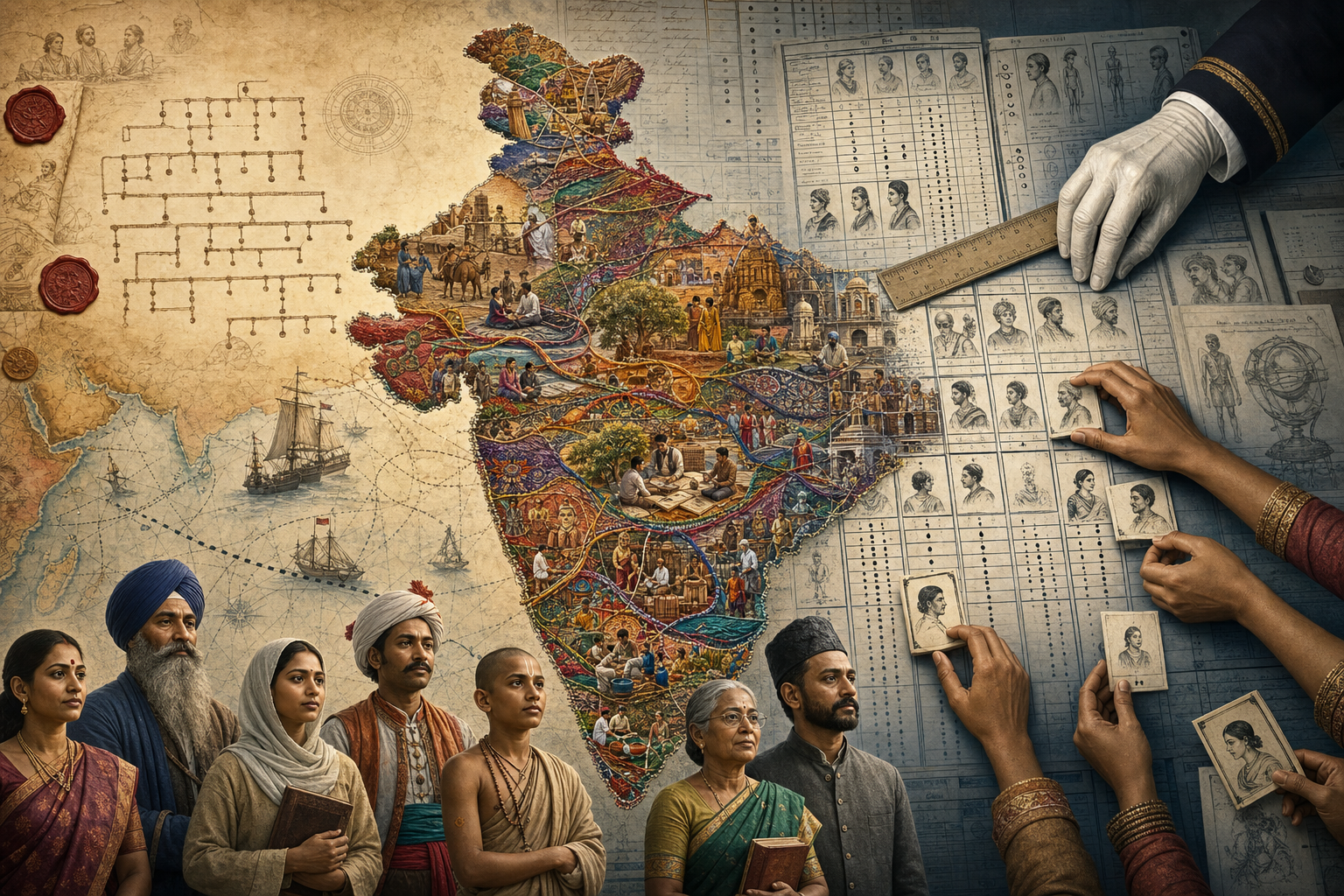Indian figures stand before a tapestry-shaped map of India as colonial census grids, genealogy charts and archival hands impose classifications.