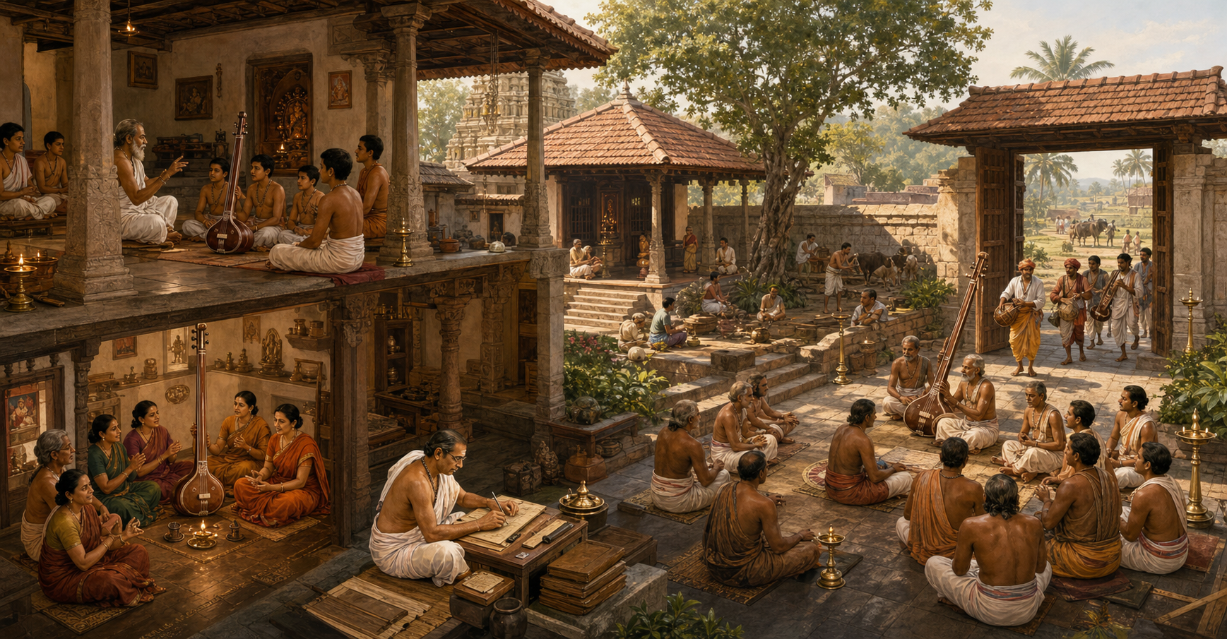 Teachers, families, scribes, workers and traveling musicians participate in learning and devotional singing across the courtyards of a temple and matha complex.