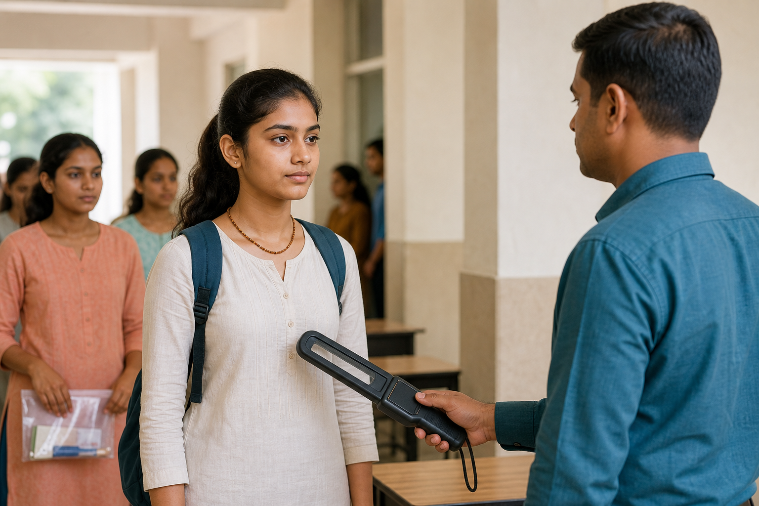 A student wearing a small wooden-bead necklace stands at an examination security checkpoint while an official holds a handheld scanner.