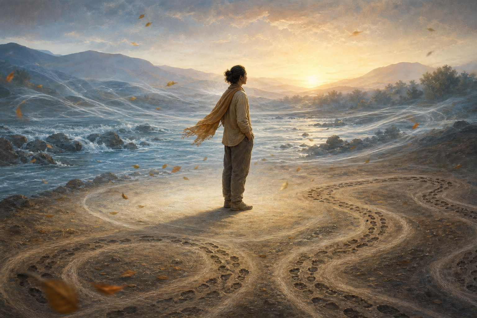A still person stands beside a river while wind, leaves, flowing water, and looping footprints move around them at dawn.
