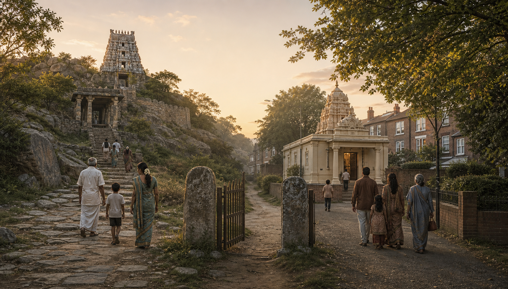 A South Indian hill temple and a Hindu community worship site in an English neighborhood, connected visually by an open path and boundary stones.