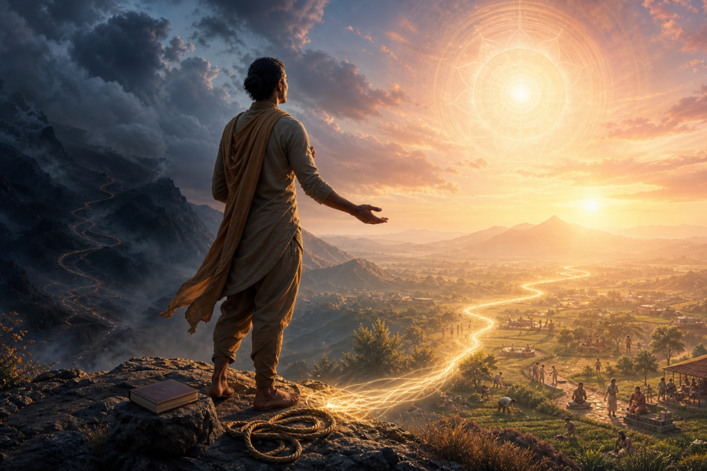 Traveler on a mountain ridge faces a radiant path into a fertile valley, leaving storm clouds and a loosened cord behind at dawn.