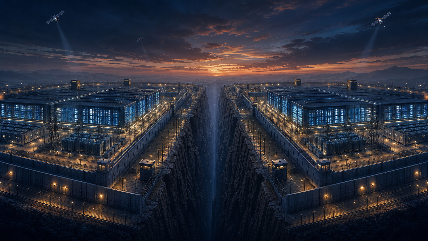 Two illuminated fortified data-center complexes face each other across a dark divide beneath orbiting satellites at twilight.