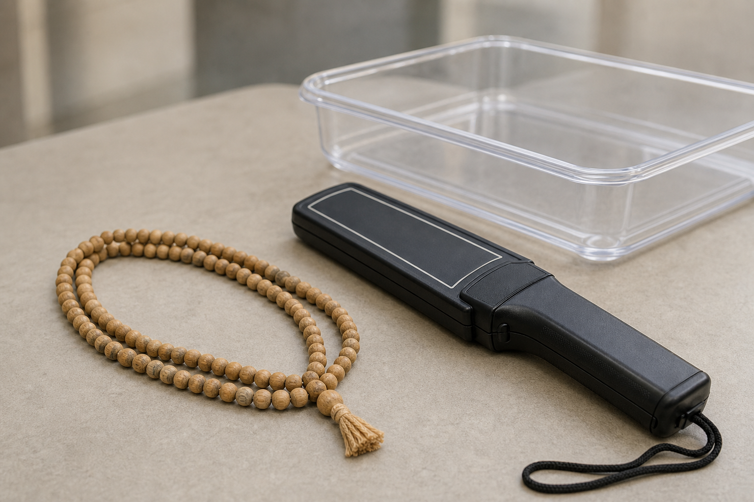 A wooden Tulsi bead necklace lies beside a handheld security scanner and a clear inspection tray.