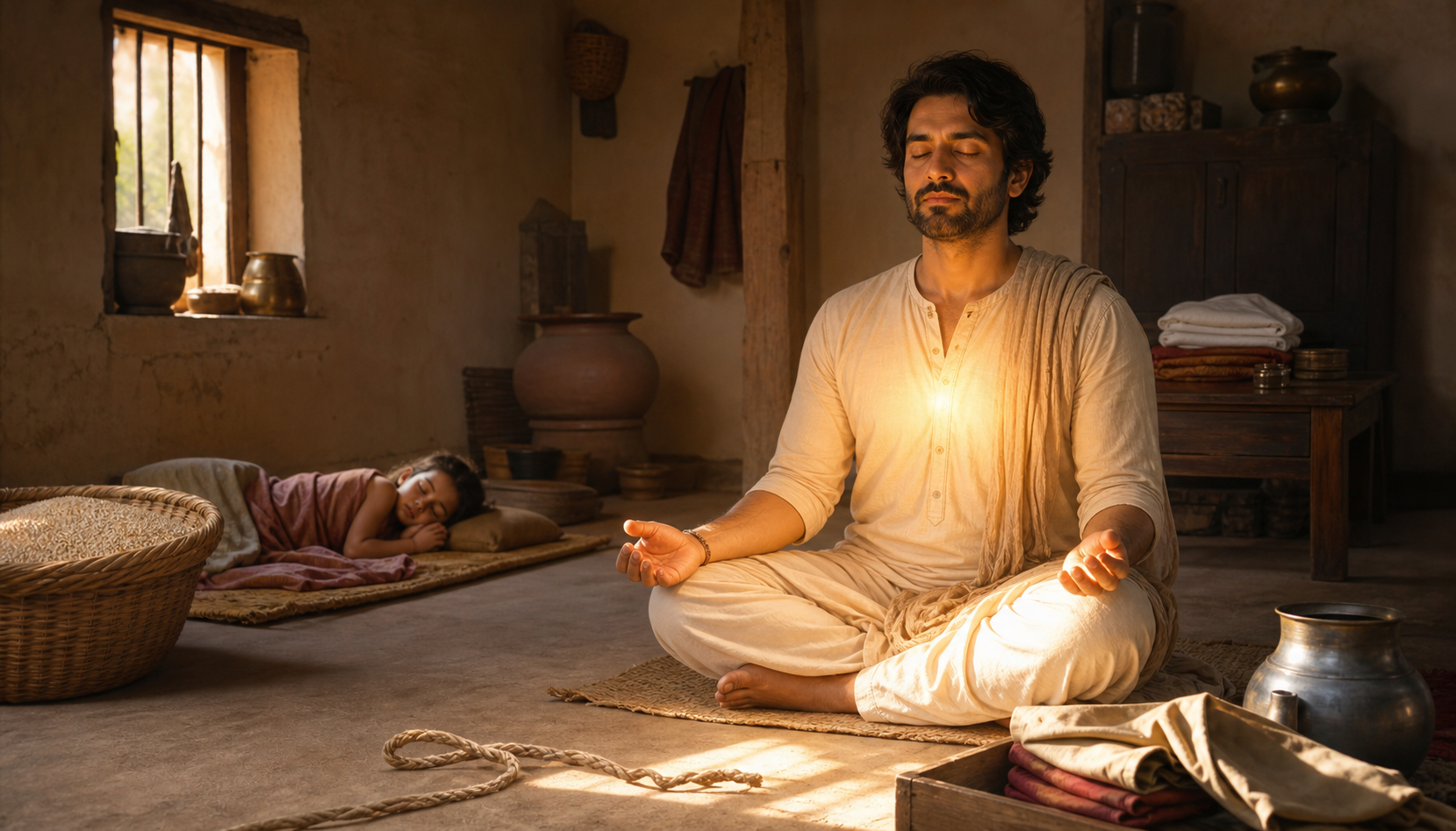 A householder meditates among unfinished domestic tasks as warm light surrounds the figure and a knot in a cord loosens nearby.