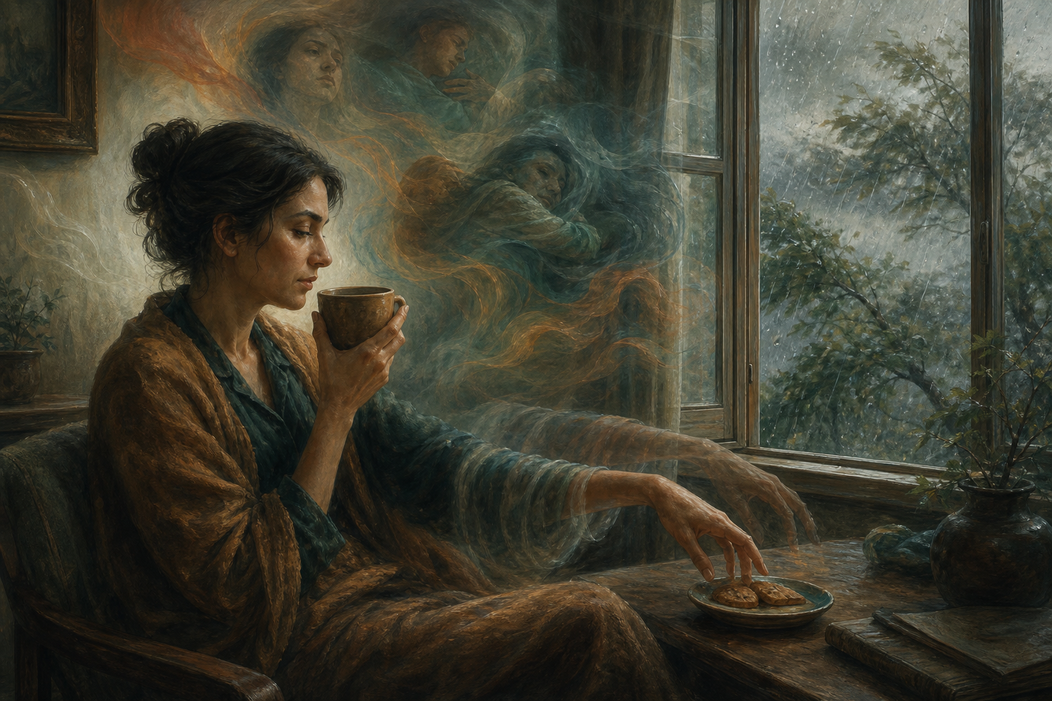 A person sits with a cup by a rainy window as translucent color currents and a repeated hand movement surround them.