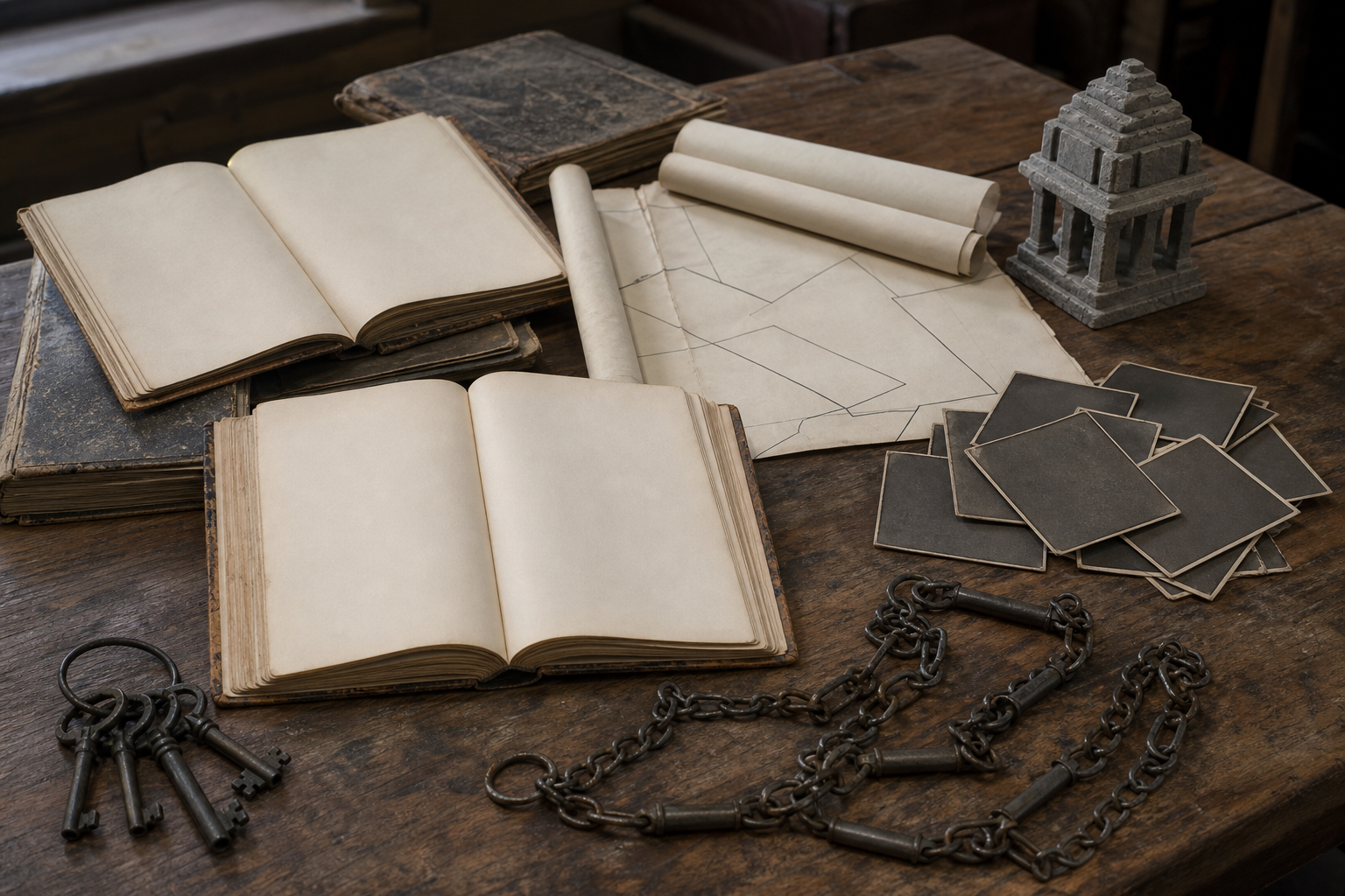 Blank archival ledgers, unlabeled survey plans, keys, measuring tools and a small temple model arranged on a wooden table.