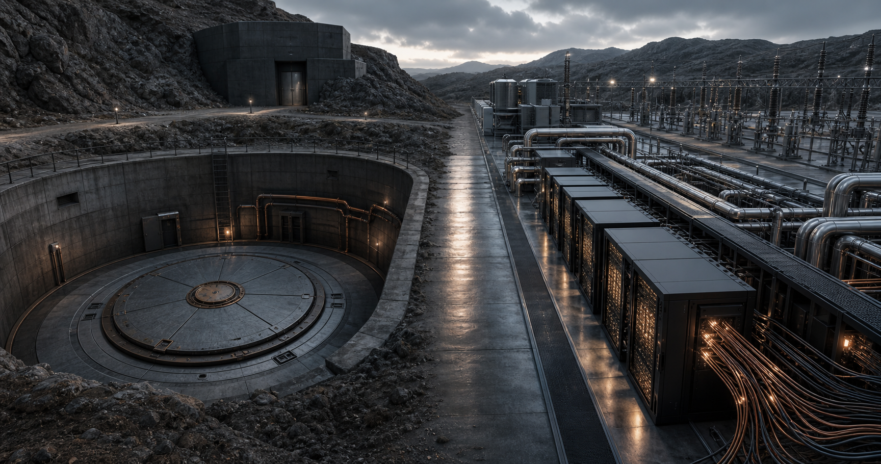 A sealed missile silo and a large computing facility appear side by side in a conceptual comparison.