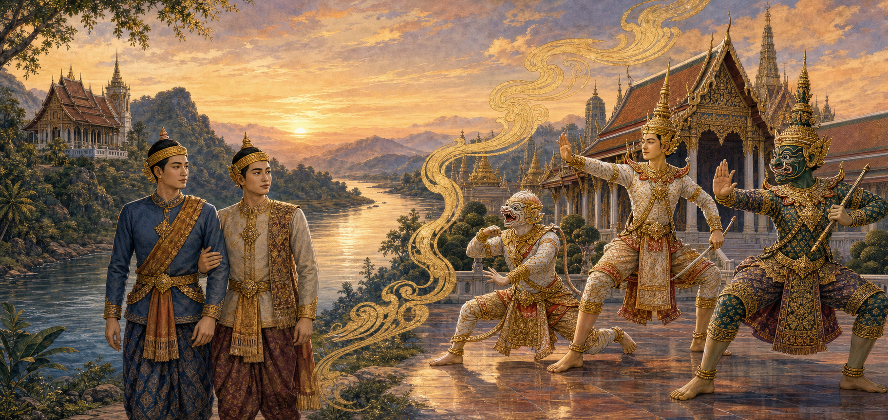 A panoramic illustration pairs Phra Lak and Phra Lam beside the Mekong in Laos with masked Ramakien performers in a Thai temple courtyard.