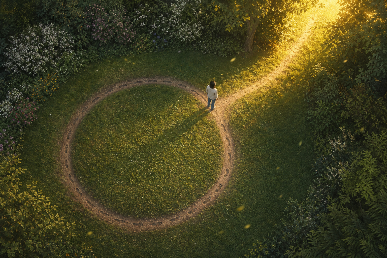 A person pauses on a worn circular garden path beside an open route leading toward sunlit trees.