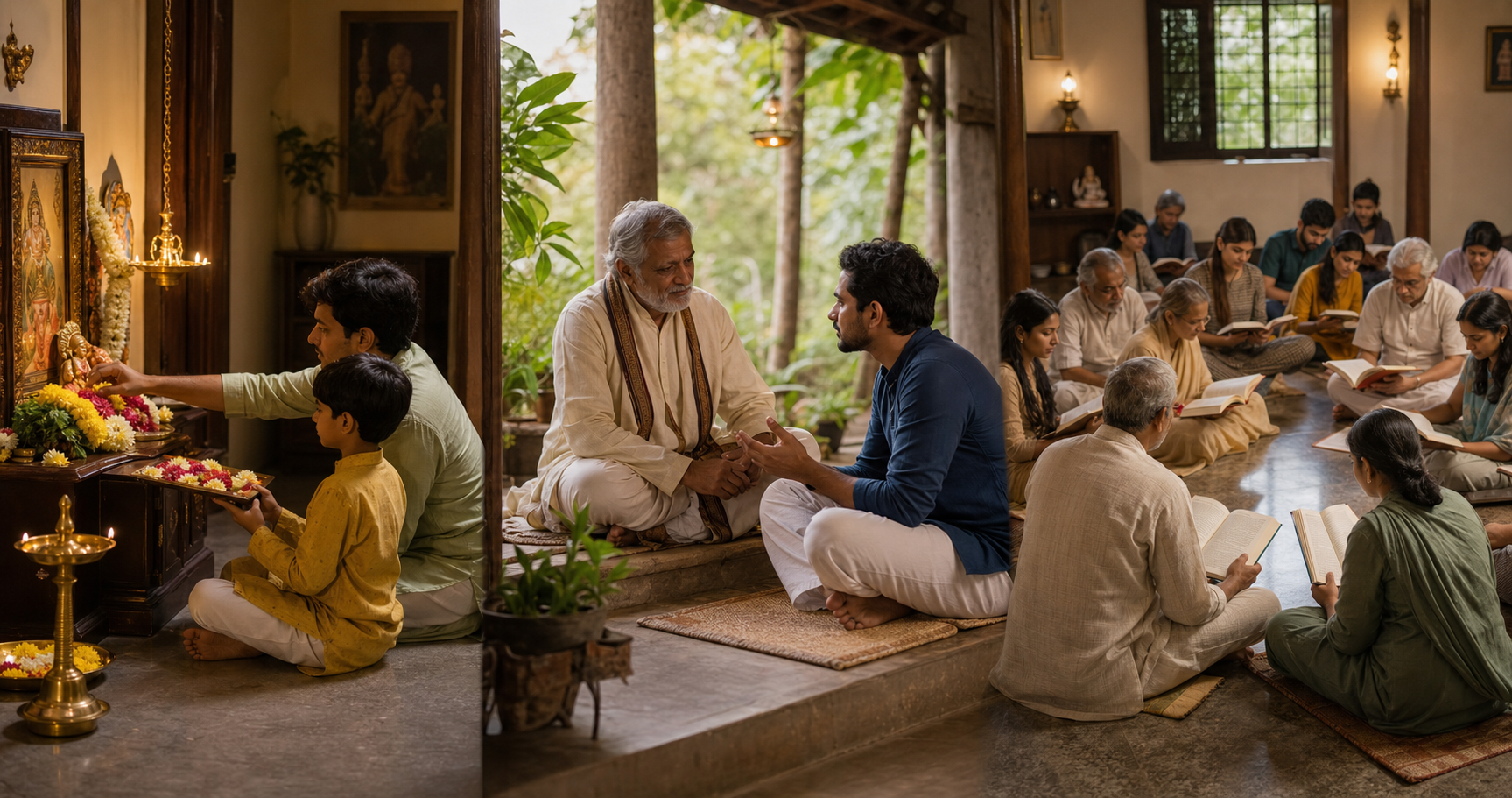 A parent and child make a home offering, an elder teacher guides a younger adult, and a mixed-age group studies together.