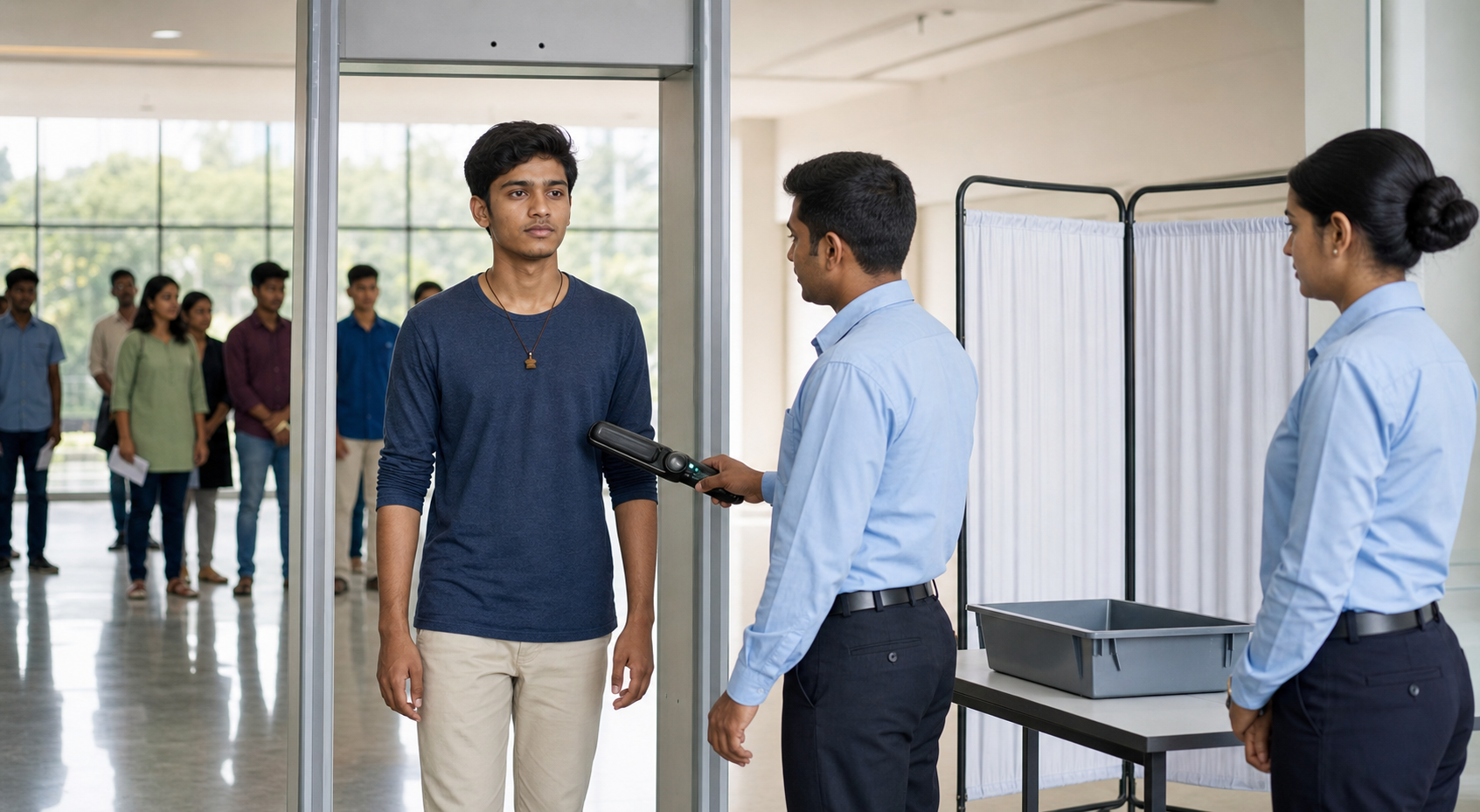 A student wearing a wooden-bead necklace is screened with a handheld scanner near a walk-through detector and privacy screen.