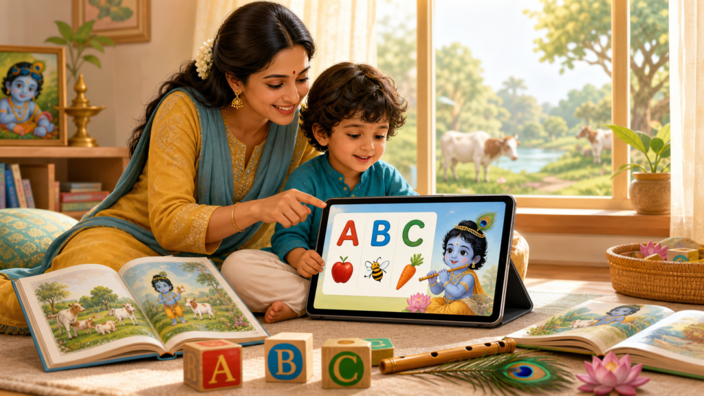 Parent and child learning ABC on a tablet with Krishna-inspired books, blocks, flute, peacock feather, and lotus accents.