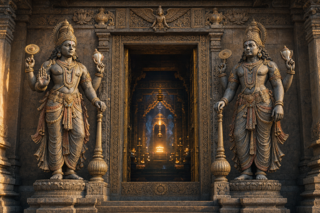 Four-armed Vaishnava guardians Jaya and Vijaya flank the ornate doorway of a Vishnu temple glowing with oil lamps.