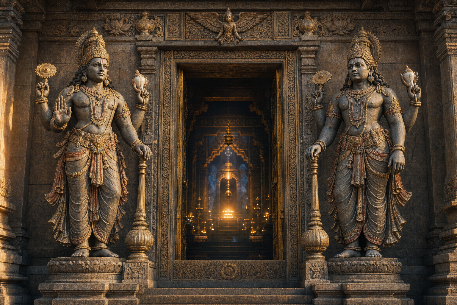 Four-armed Vaishnava guardians Jaya and Vijaya flank the ornate doorway of a Vishnu temple glowing with oil lamps.