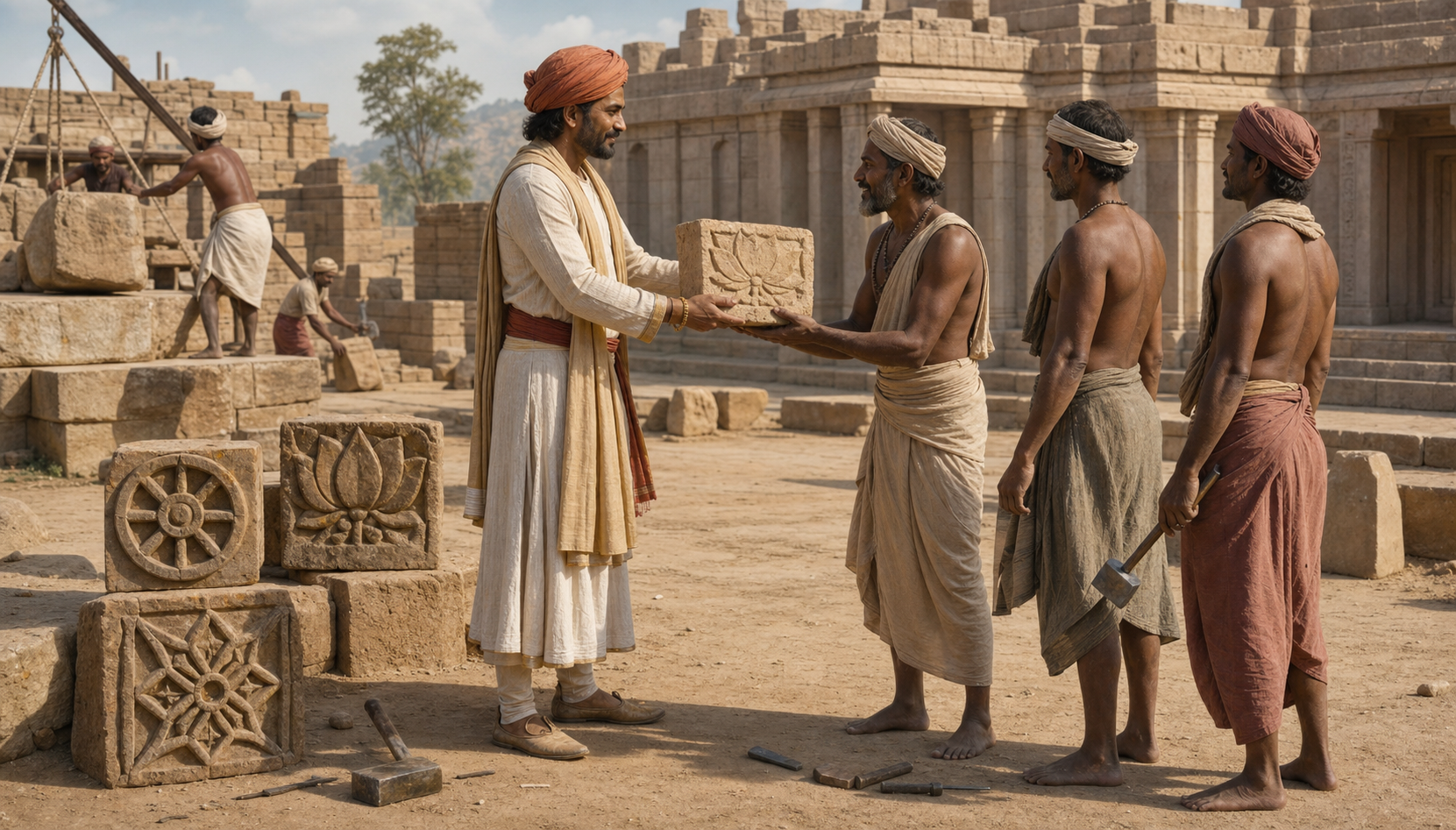 Editorial illustration of a medieval regional patron presenting a carved stone to masons at a sacred building site.