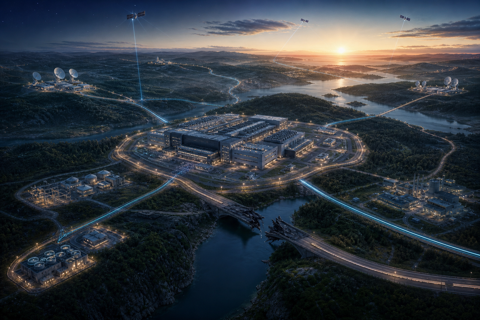 A secured computing campus connects to several backup facilities through redundant fiber, power, and satellite links while one route is broken.