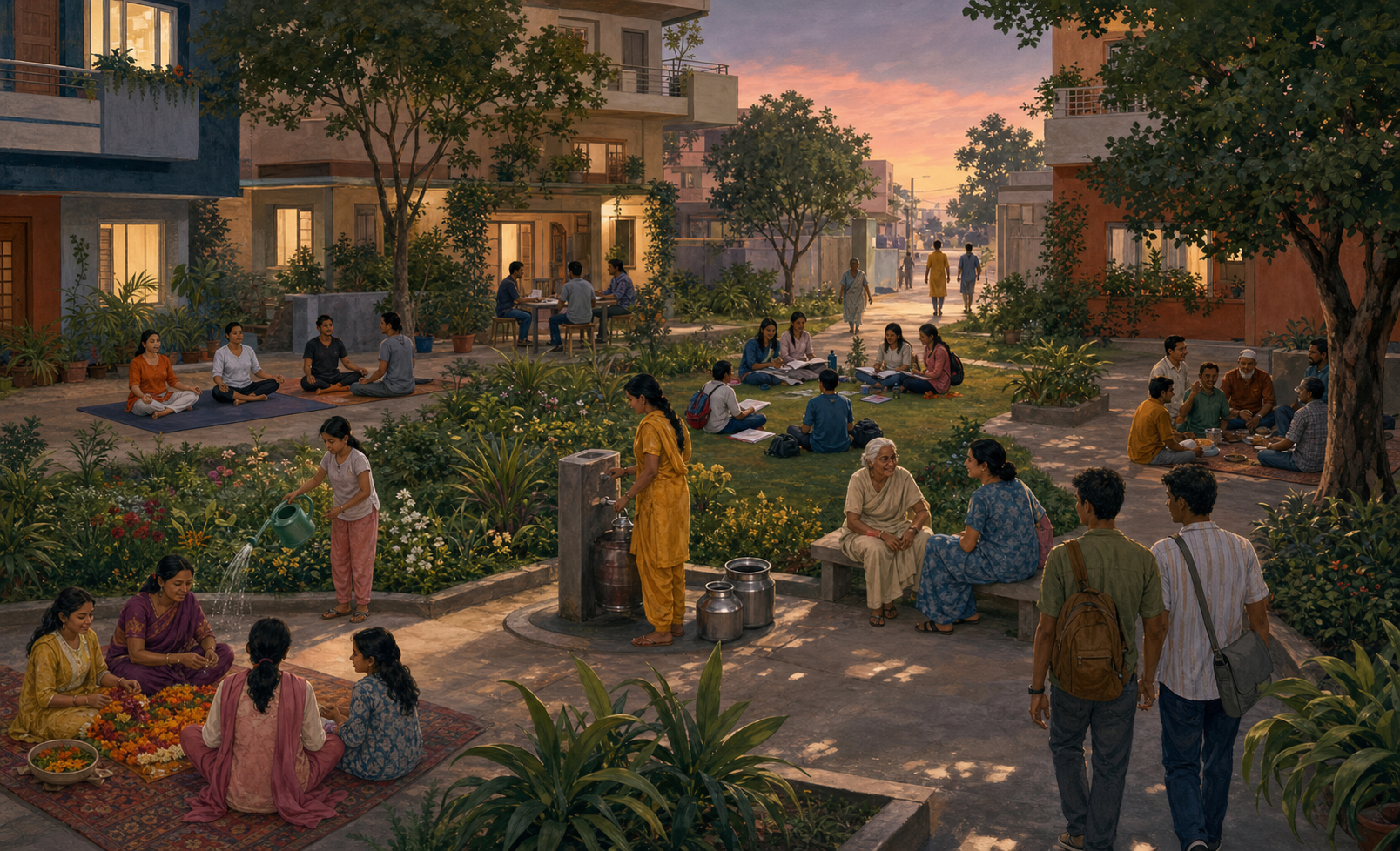 Different groups gather in separate areas of a shared Indian courtyard while residents use common paths, a garden, and a water point.