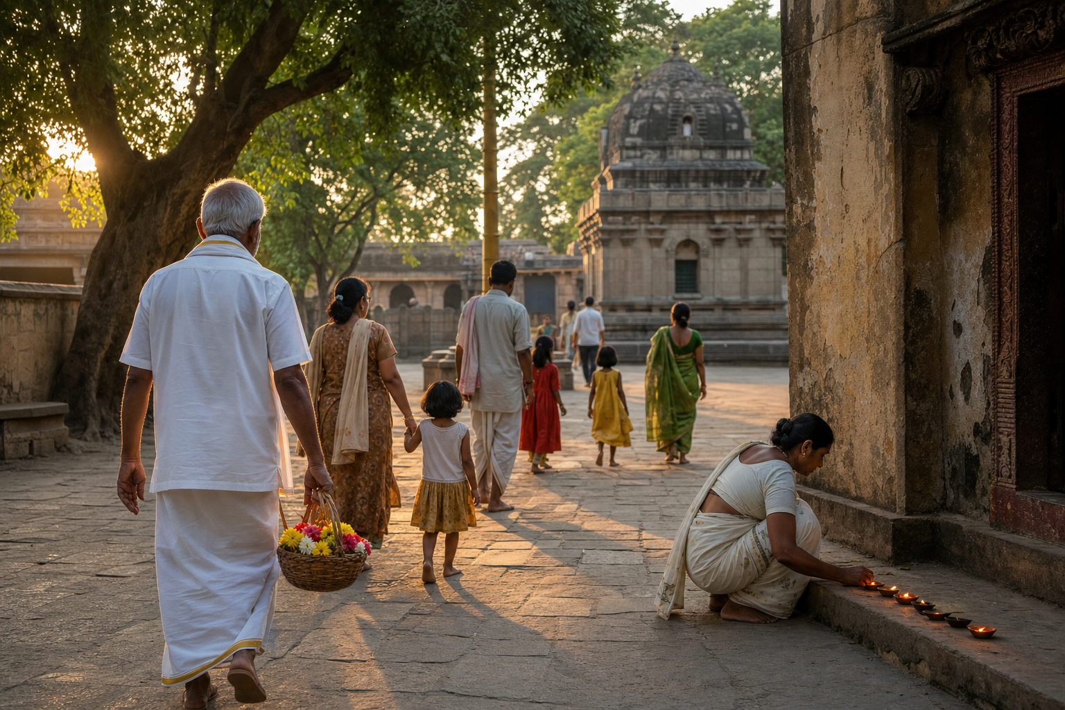 Children, adults and elders enter a historic temple courtyard while a caretaker lights oil lamps beside a weathered threshold.