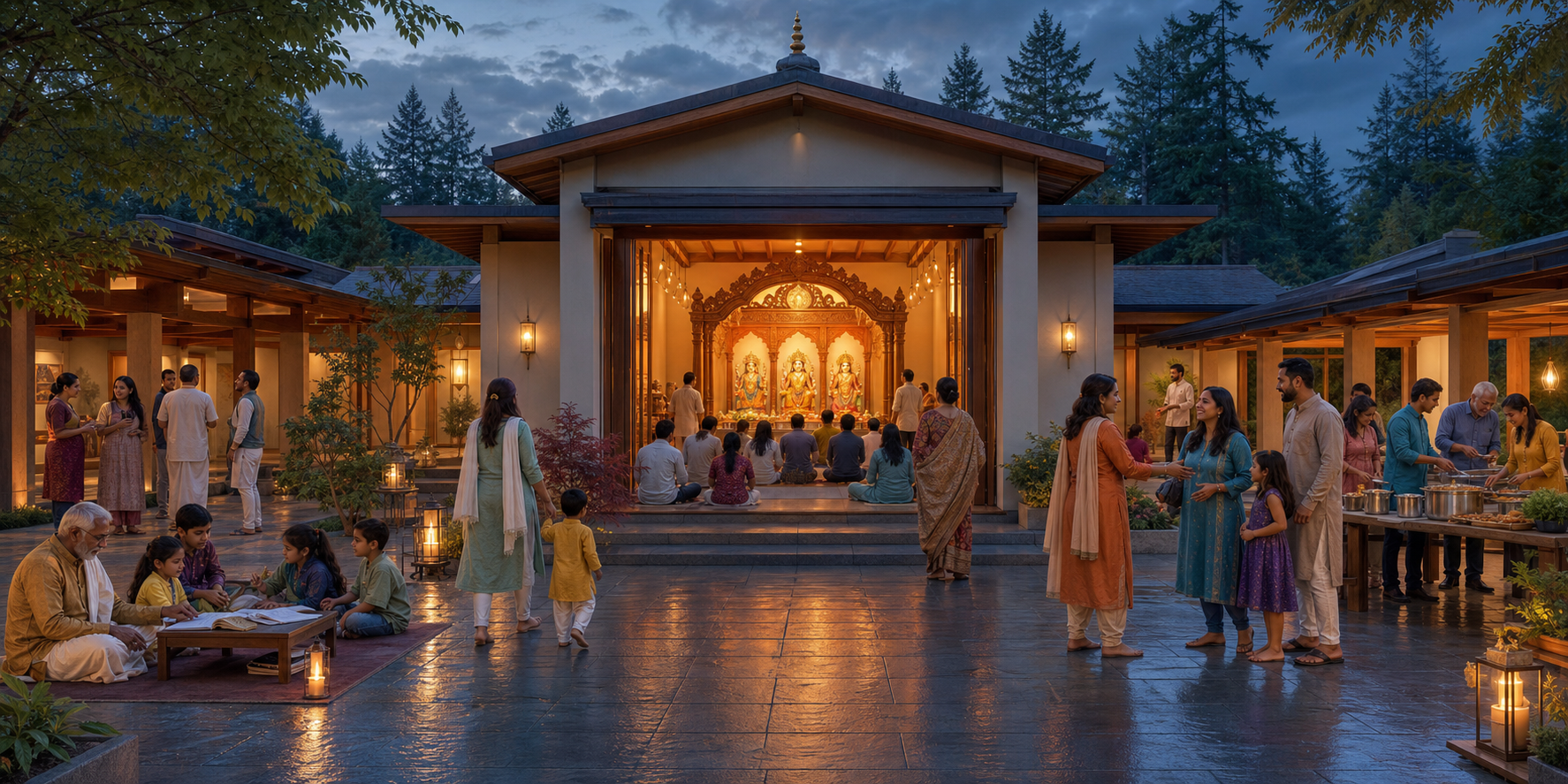 A multigenerational Hindu temple community worships, learns, prepares food and welcomes visitors across connected spaces at dusk.