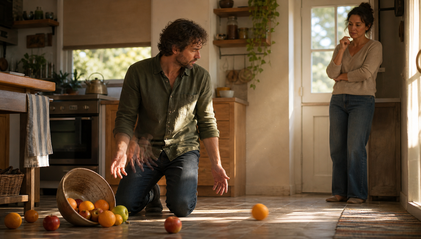 An adult pauses calmly beside a tipped bowl and scattered fruit while another person waits in a sunlit kitchen.