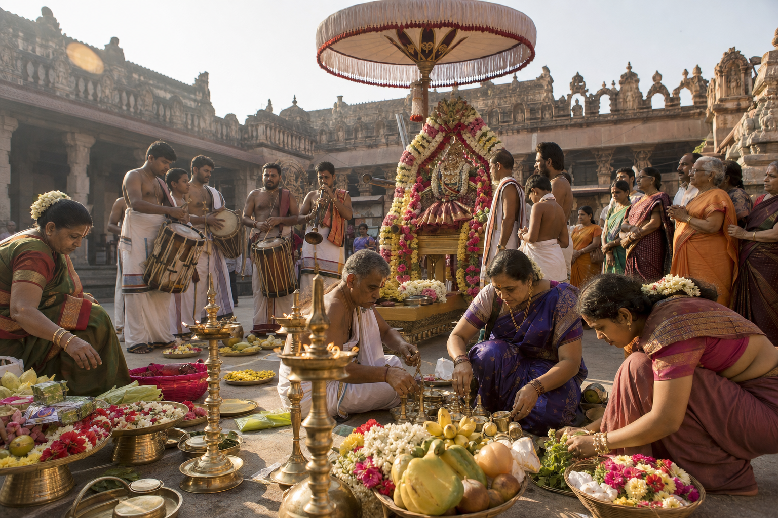A multigenerational community gathers around a flower-decorated processional shrine while volunteers prepare lamps, garlands, water vessels, and offerings in a temple courtyard.