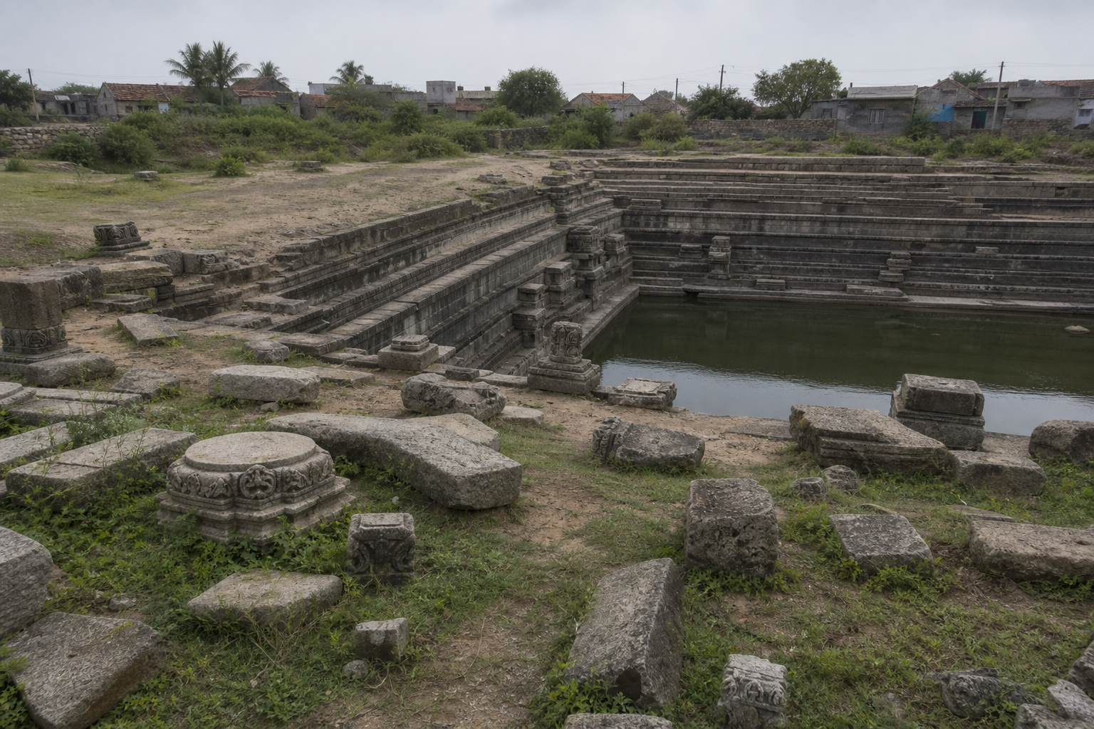 A weathered stepped water tank, scattered carved stones and village-edge terrain shown as one archaeological landscape.