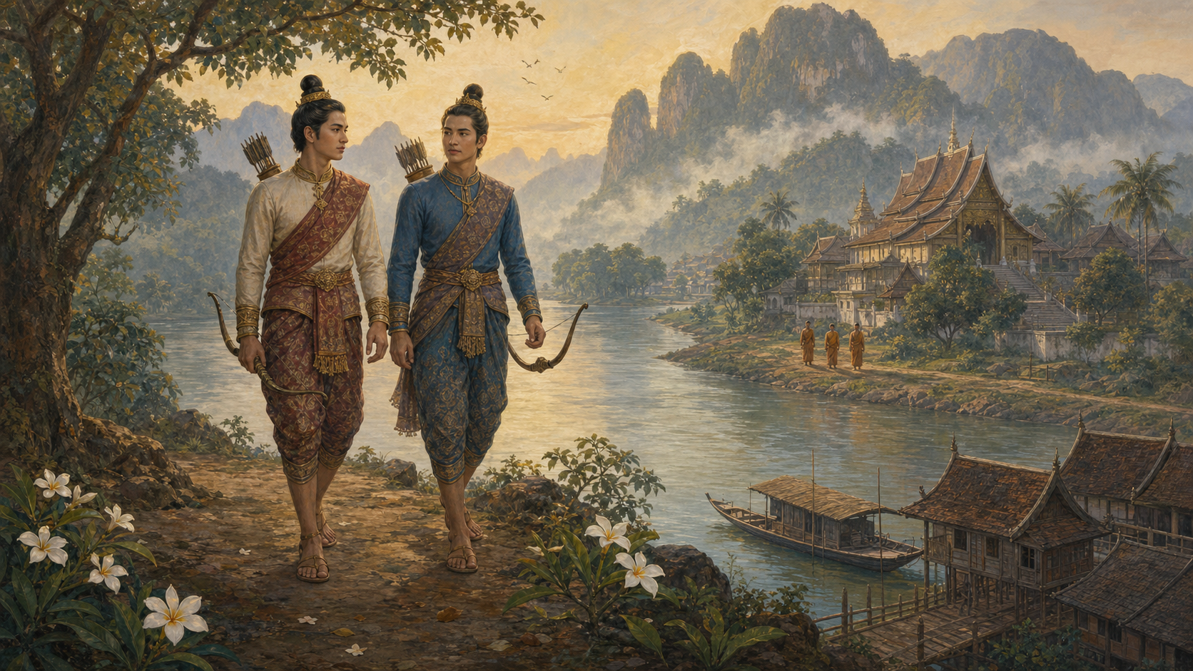 Two Lao princely figures travel beside the Mekong River near boats, forested hills, a riverside village, and a Buddhist monastery.